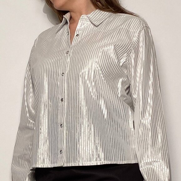 Vintage Y2K WRANGLER Metallic Silver Striped WESTERN Shirt! Large - Picture 13 of 15